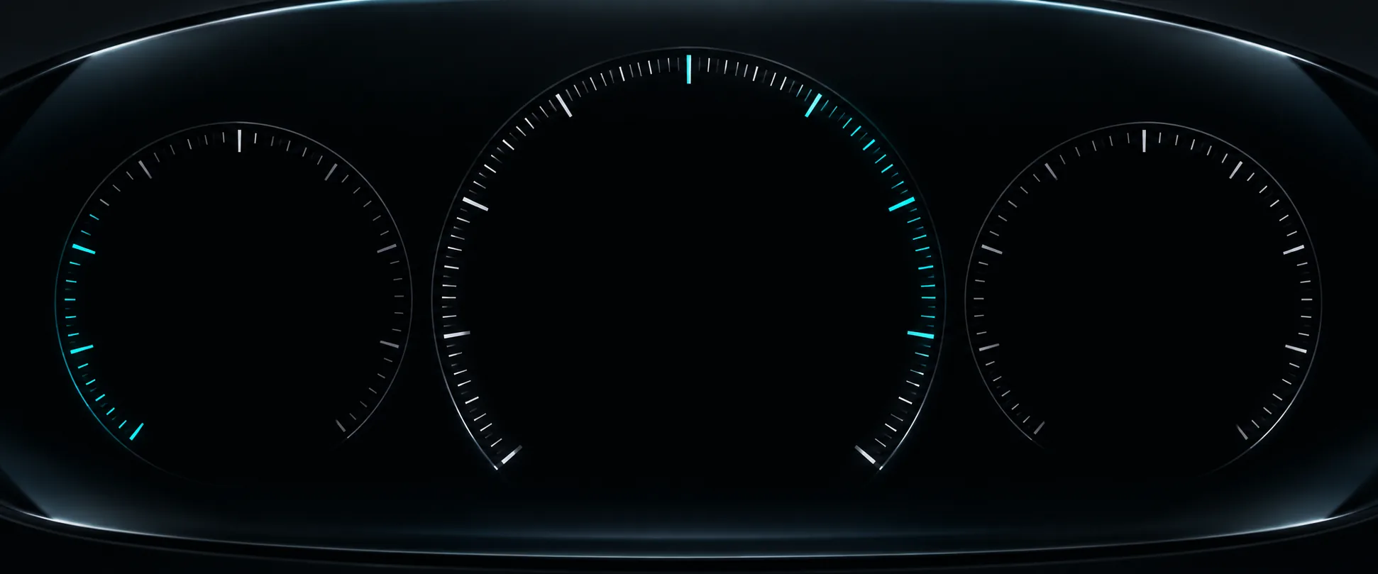Breites digitales Cockpit mit drei reduzierten Instrumenten und türkisfarbenen Skalen